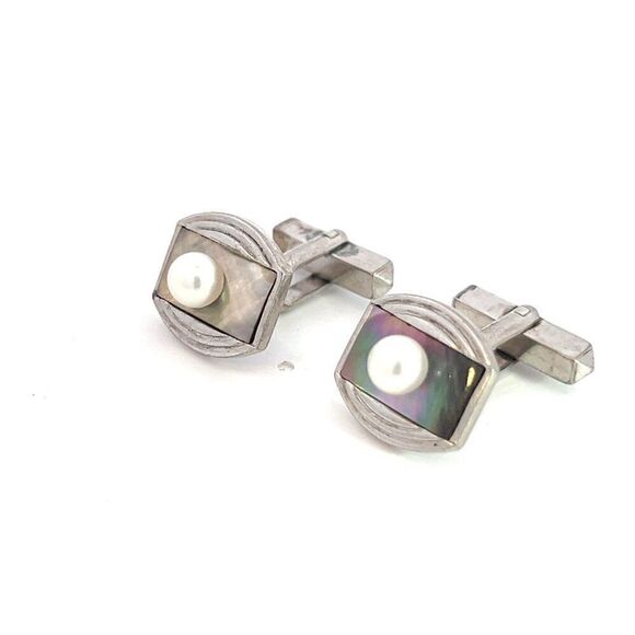Mikimoto Estate Akoya + Mother of Pearl Cufflinks 5.2 mm Sterling Silver M381 - Picture 2 of 6
